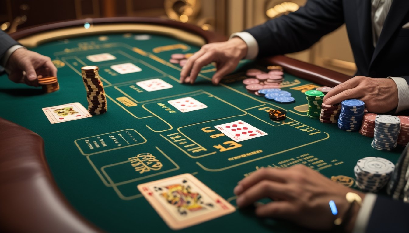 Seorang pemain menilai kartu dan chip di meja blackjack dengan kartu dealer dan pemain terbuka.