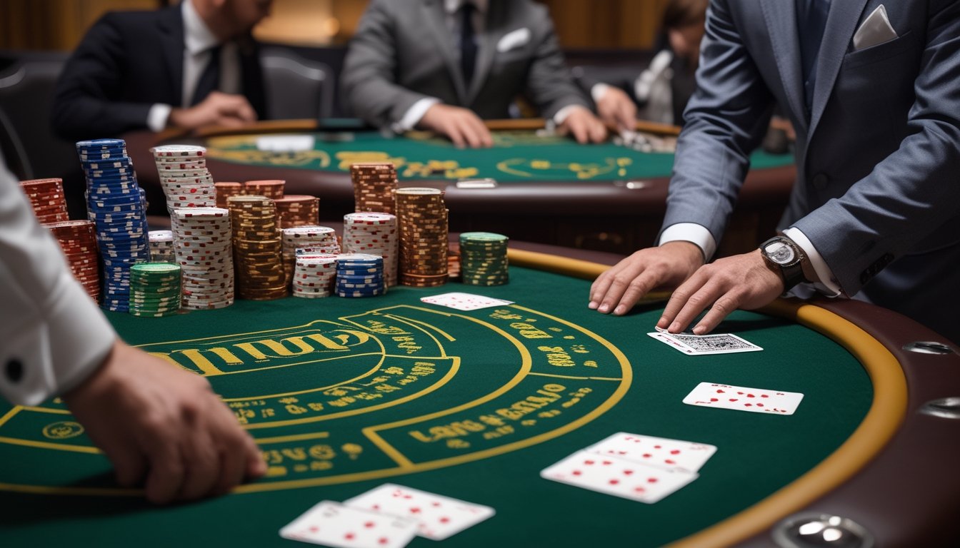 Pemain membandingkan beberapa meja blackjack dengan kartu terbuka dan tumpukan chip di kasino.