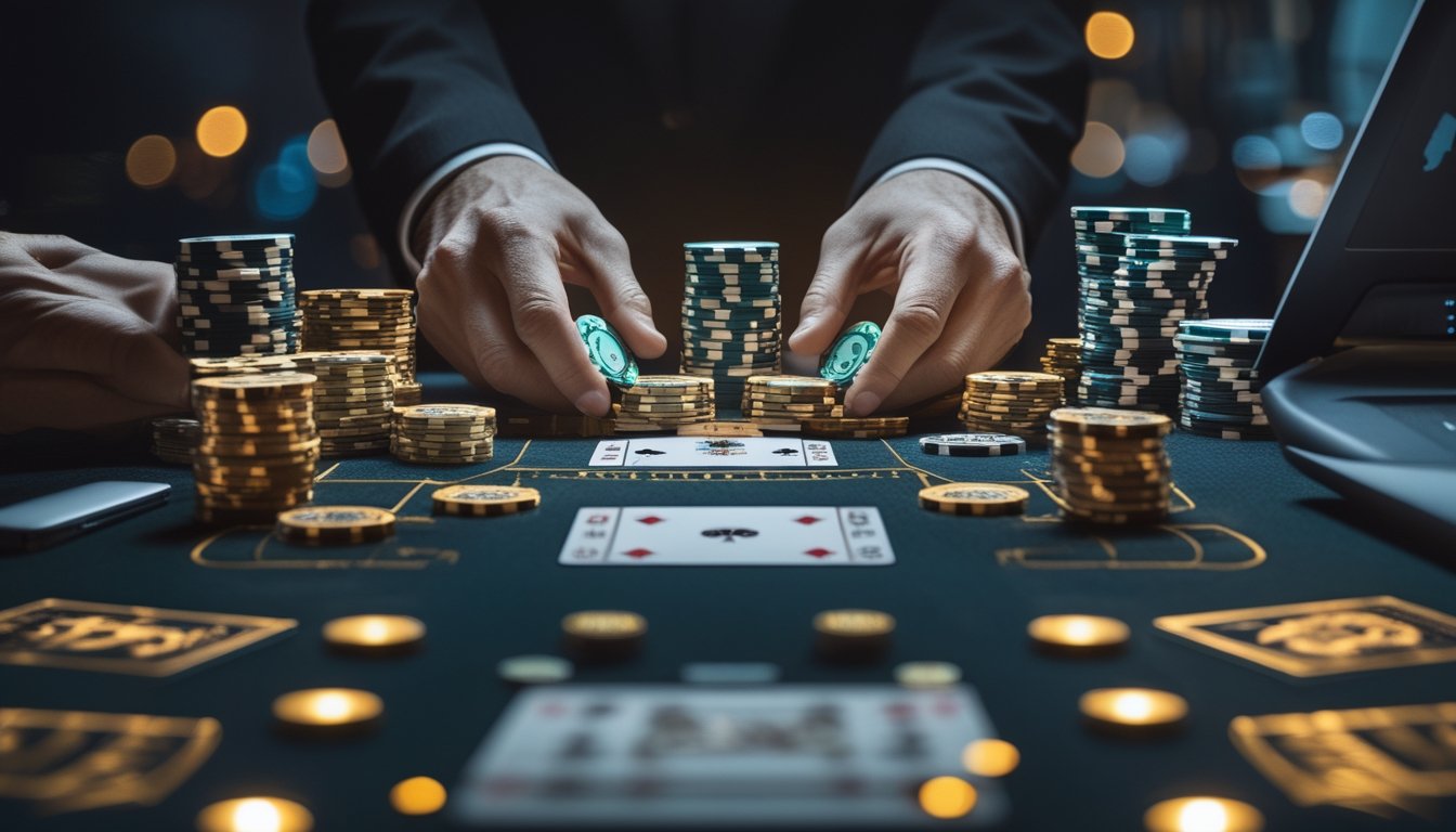 Meja blackjack dengan kartu dan keping kasino berpadu dengan perangkat digital serta jam yang melambangkan akses sepanjang waktu.