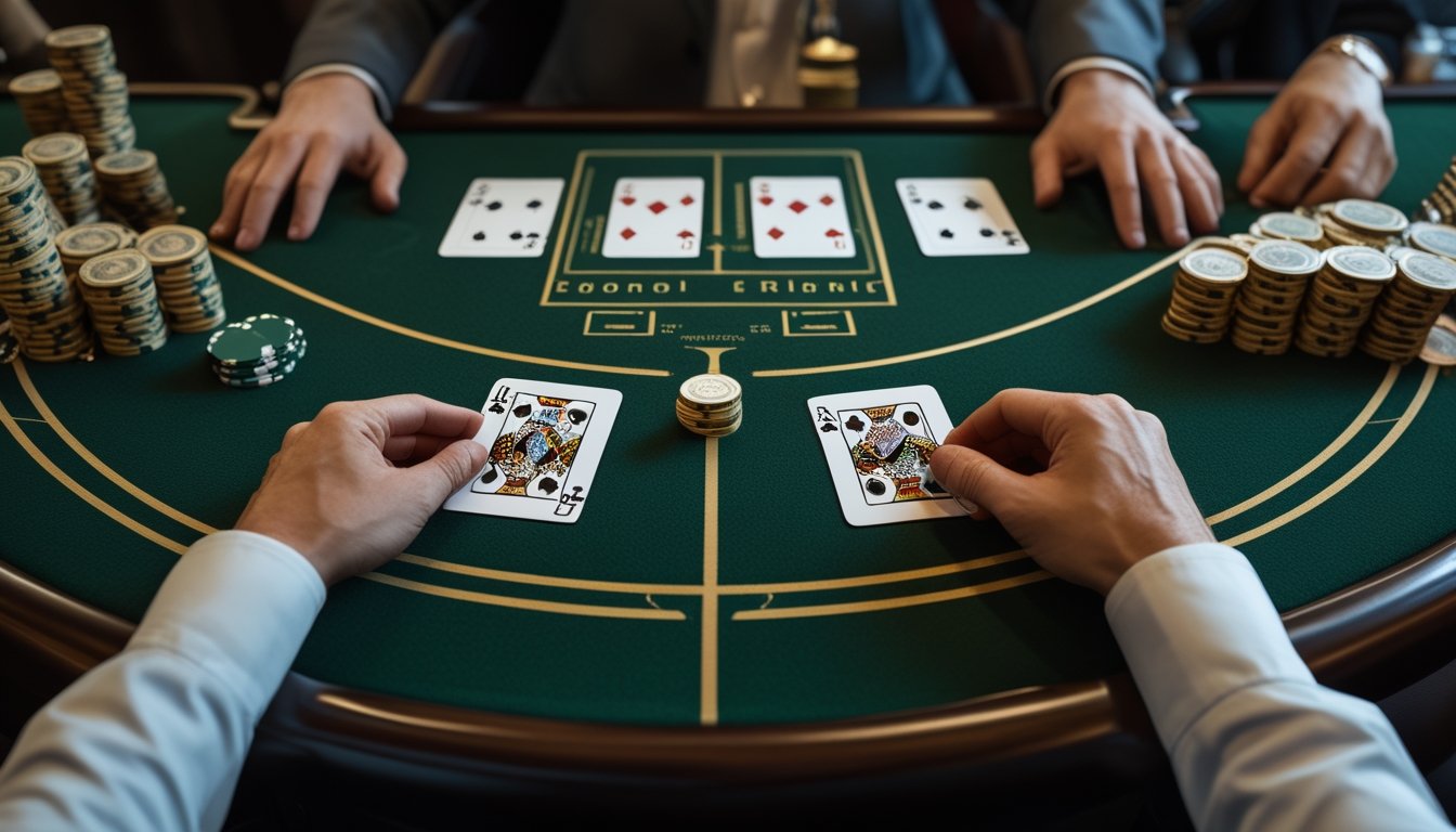 Meja blackjack dengan kartu terbuka, keping taruhan, dan tangan pemain yang sedang mempelajari kartu.