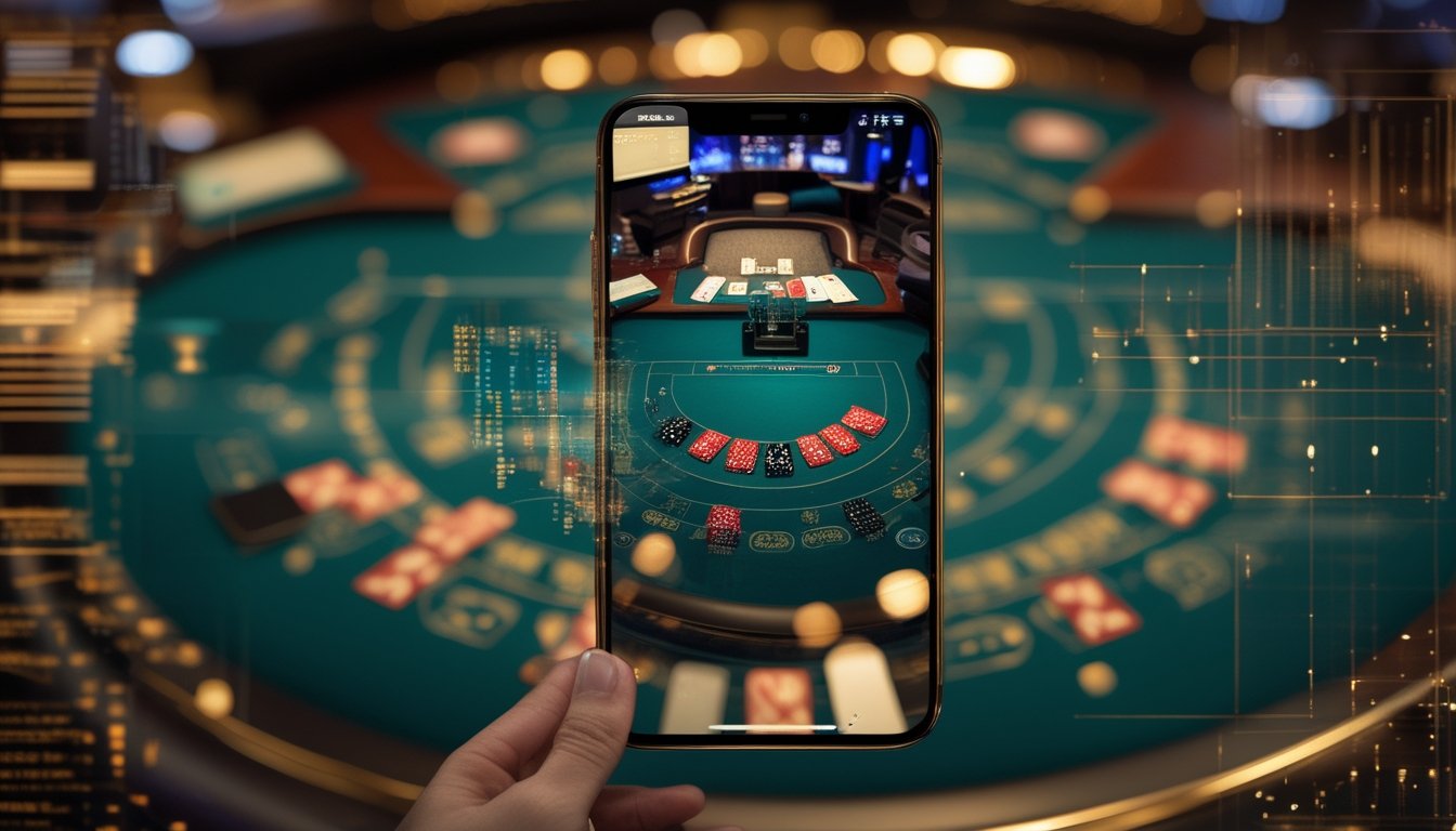 Ponsel pintar menampilkan meja blackjack digital dengan kartu dan keping taruhan, dipadukan dengan suasana kasino modern melalui efek eksposur ganda.