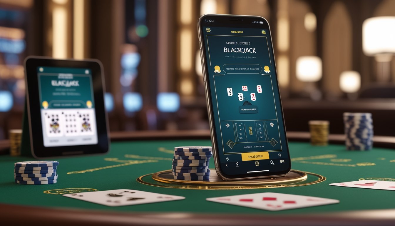 Ponsel menampilkan permainan blackjack dengan kartu terbuka di atas meja kasino.