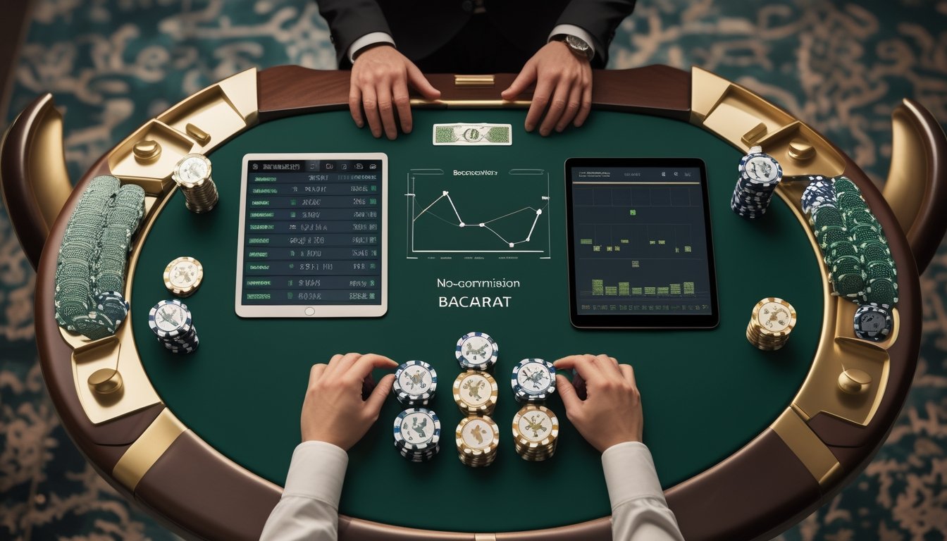Meja baccarat dengan kartu, keping kasino, dan tablet yang menampilkan grafik analisis peluang.