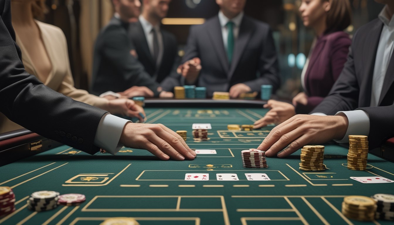 Meja baccarat dengan kartu, keping kasino, dealer, dan pemain yang mengamati permainan.
