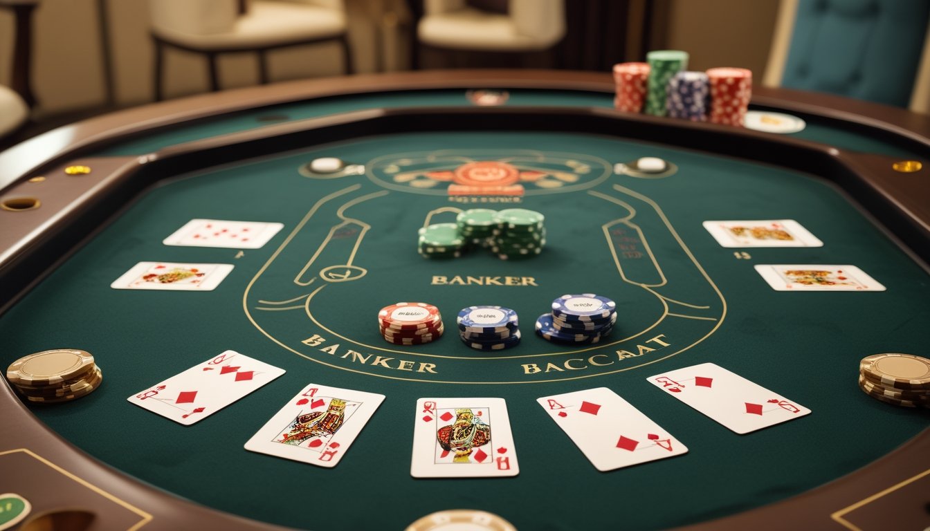 Meja baccarat dengan kartu banker bernilai enam dan tumpukan chip taruhan di area banker.