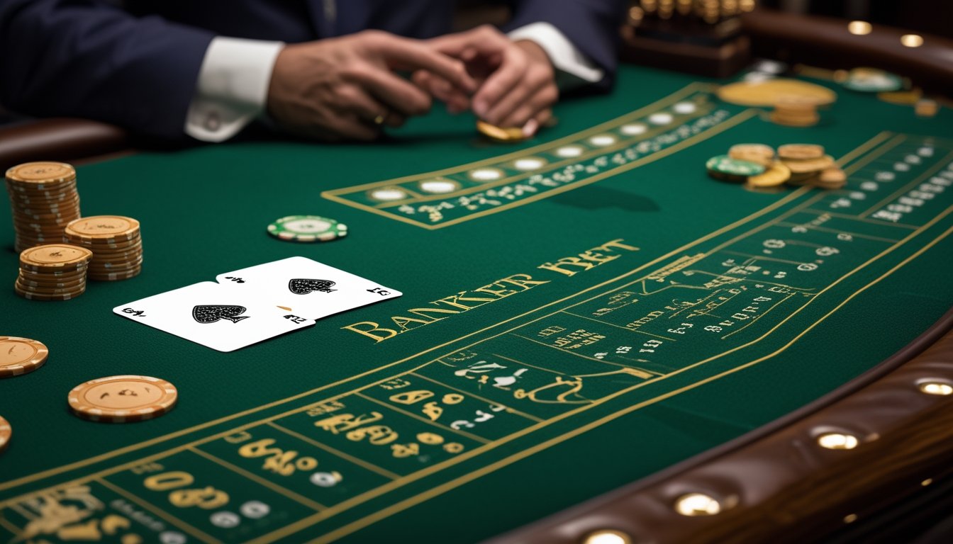 Meja baccarat dengan area taruhan banker, kartu bernilai total enam, dan keping taruhan.