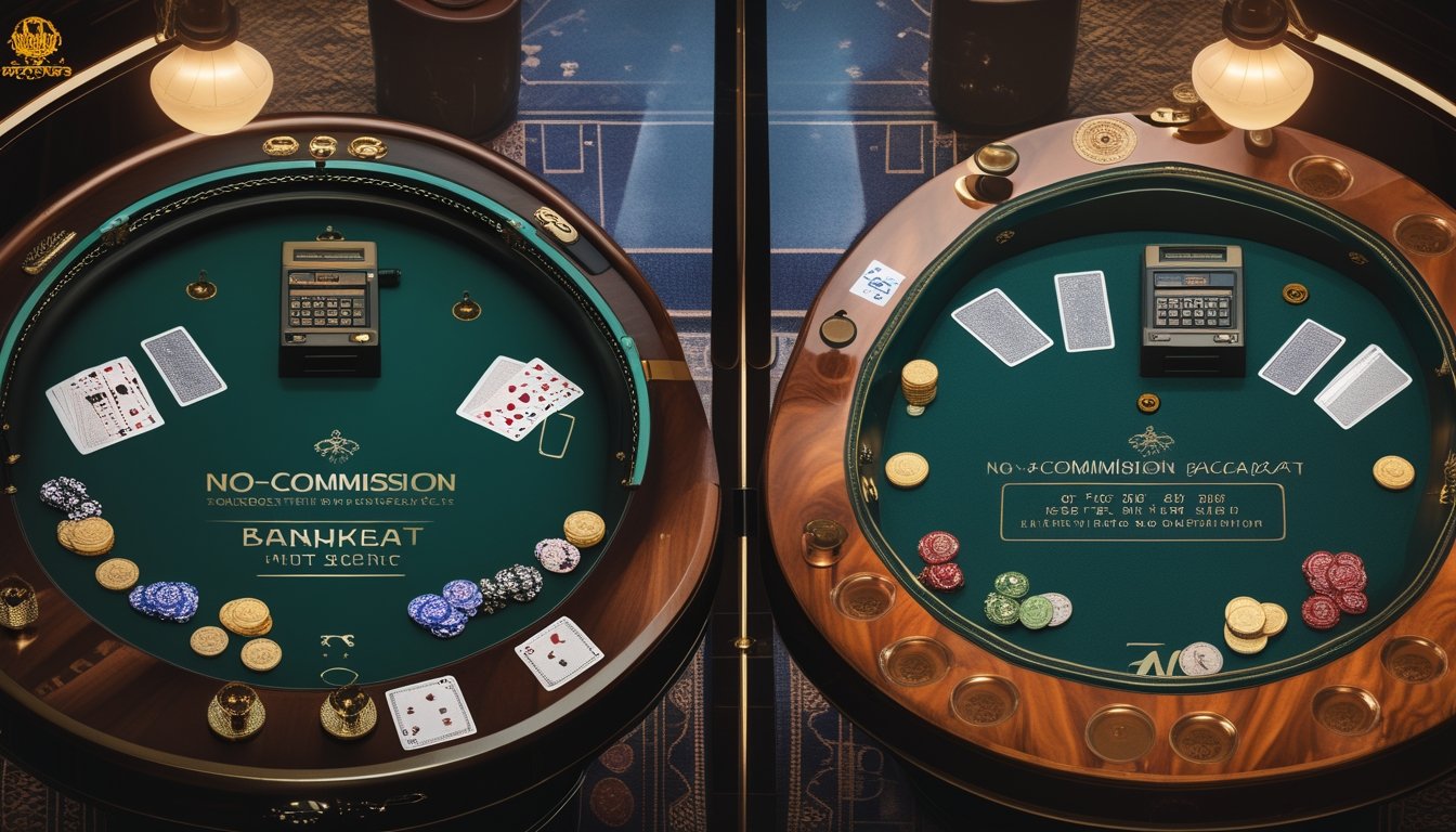 Dua meja baccarat dengan kartu, chip kasino, kalkulator, dan perlengkapan pencatatan di lingkungan kasino elegan.