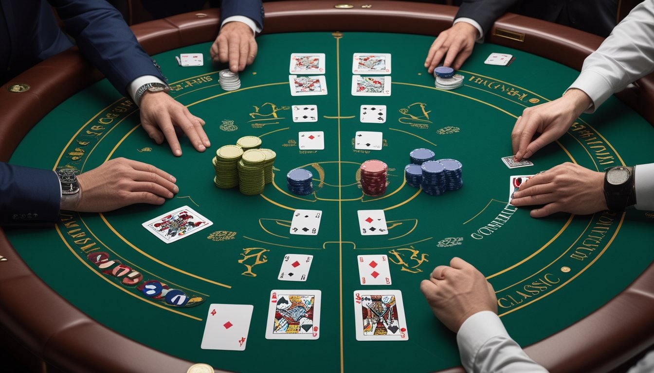 Meja baccarat dengan kartu dan tumpukan chip yang ditata dalam dua area perbandingan.