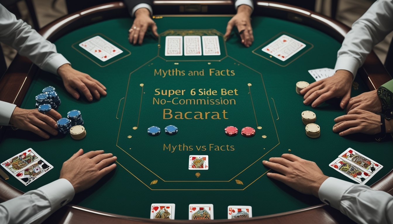 Meja baccarat dengan kartu, keping taruhan, dan tangan bandar yang menata permainan dalam suasana kasino yang tenang.