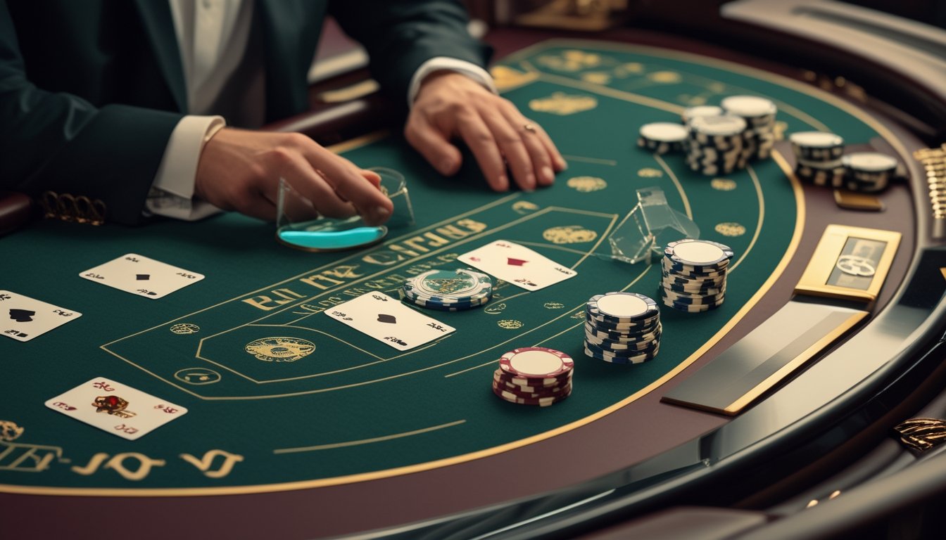 Meja baccarat dengan kartu, keping kasino, dan area taruhan sampingan yang sedang diperiksa secara cermat.
