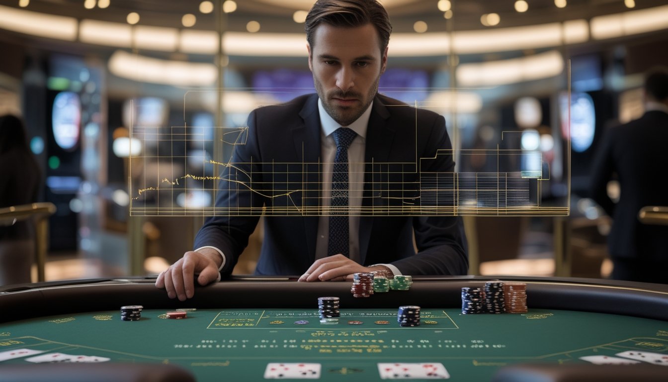 Seorang analis mengamati meja baccarat dengan kartu, chip kasino, dan visualisasi probabilitas abstrak.