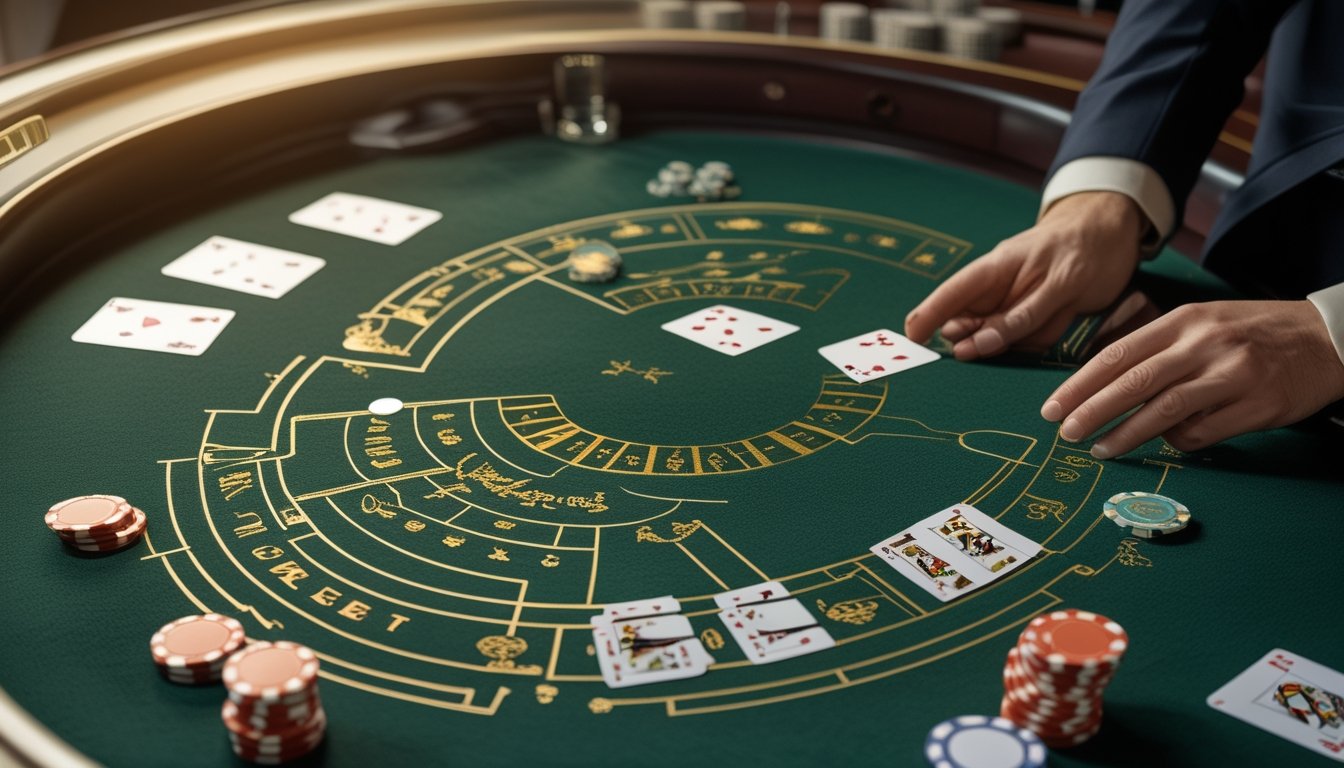 Meja baccarat tanpa komisi dengan kartu, keping taruhan, dan tangan bandar yang mengatur permainan.