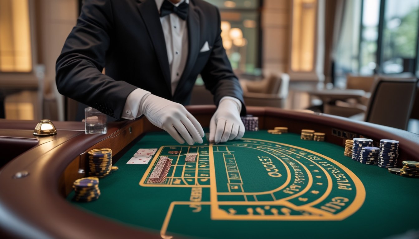 Meja baccarat hijau dengan kartu, keping kasino, dan dealer yang sedang menyiapkan permainan di ruang kasino modern.