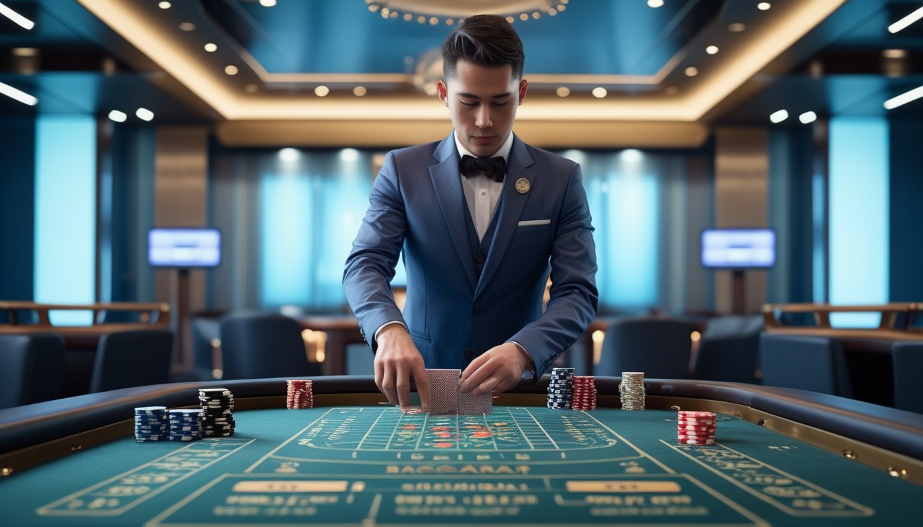 Dealer menata kartu dan chip di meja baccarat dalam studio kasino modern.
