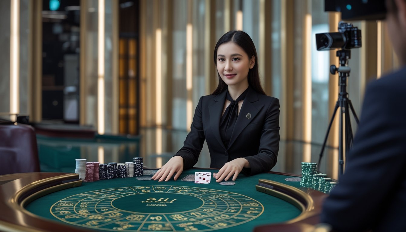 Dealer kasino menyajikan kartu baccarat di meja elegan dengan suasana studio mewah.