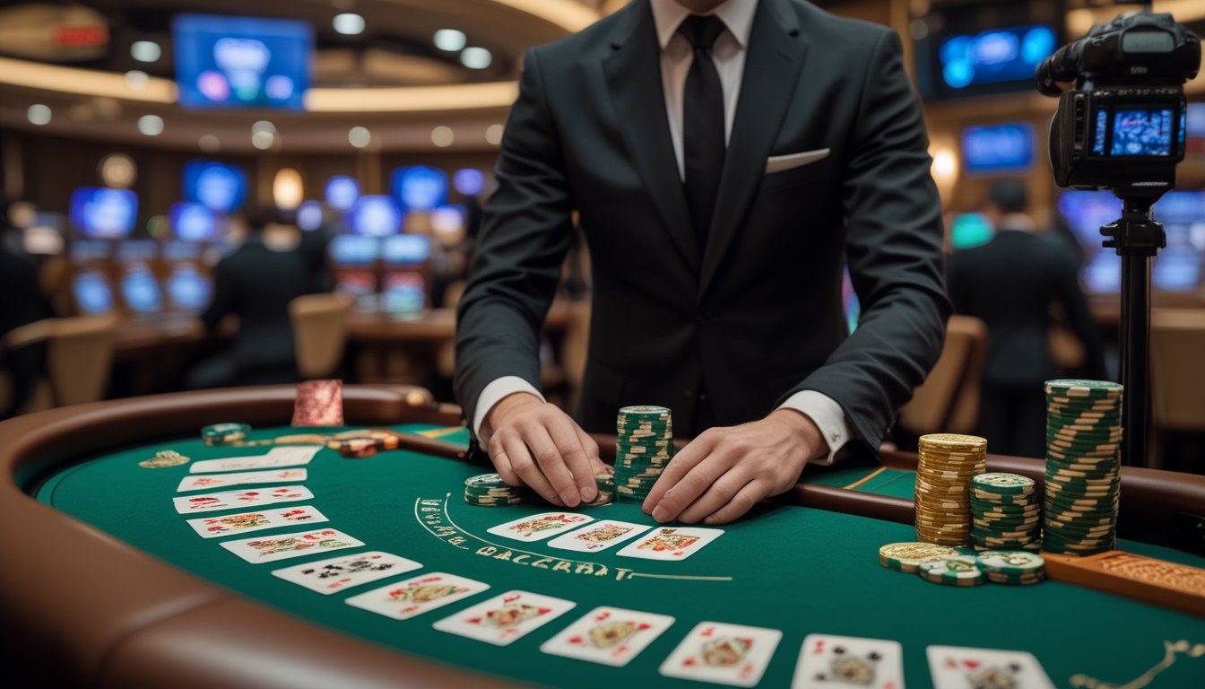 Dealer menyajikan kartu di meja baccarat dalam suasana kasino live yang elegan.
