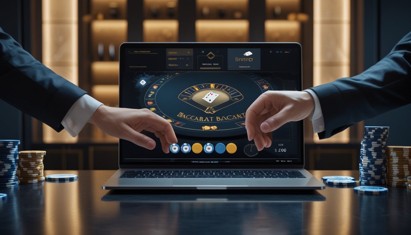 Laptop menampilkan permainan baccarat online dengan kartu dan chip kasino di atas meja.