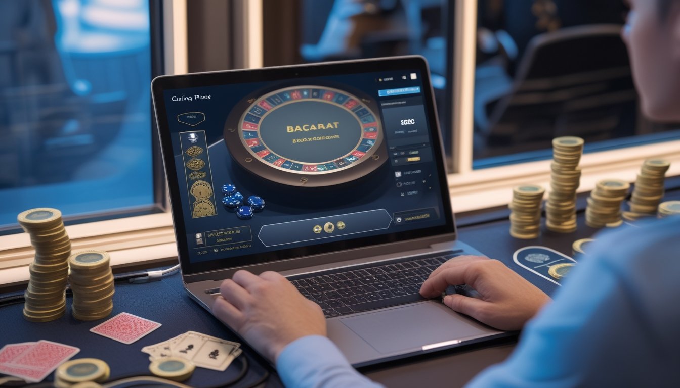 Seorang pemain dewasa memainkan baccarat daring melalui laptop dengan kartu dan chip kasino di atas meja.