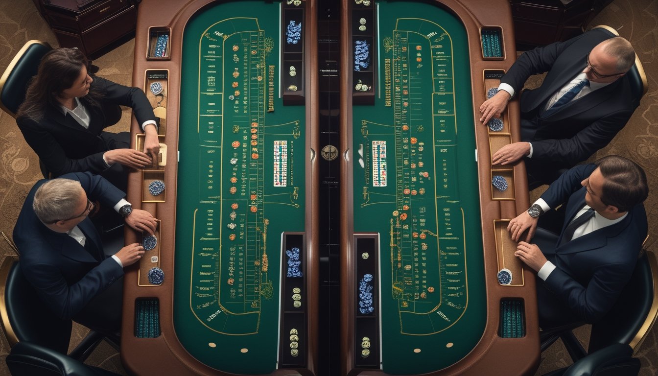 Dua meja baccarat, satu no commission dan satu meja biasa, ditampilkan berdampingan di kasino dengan dealer dan pemain.