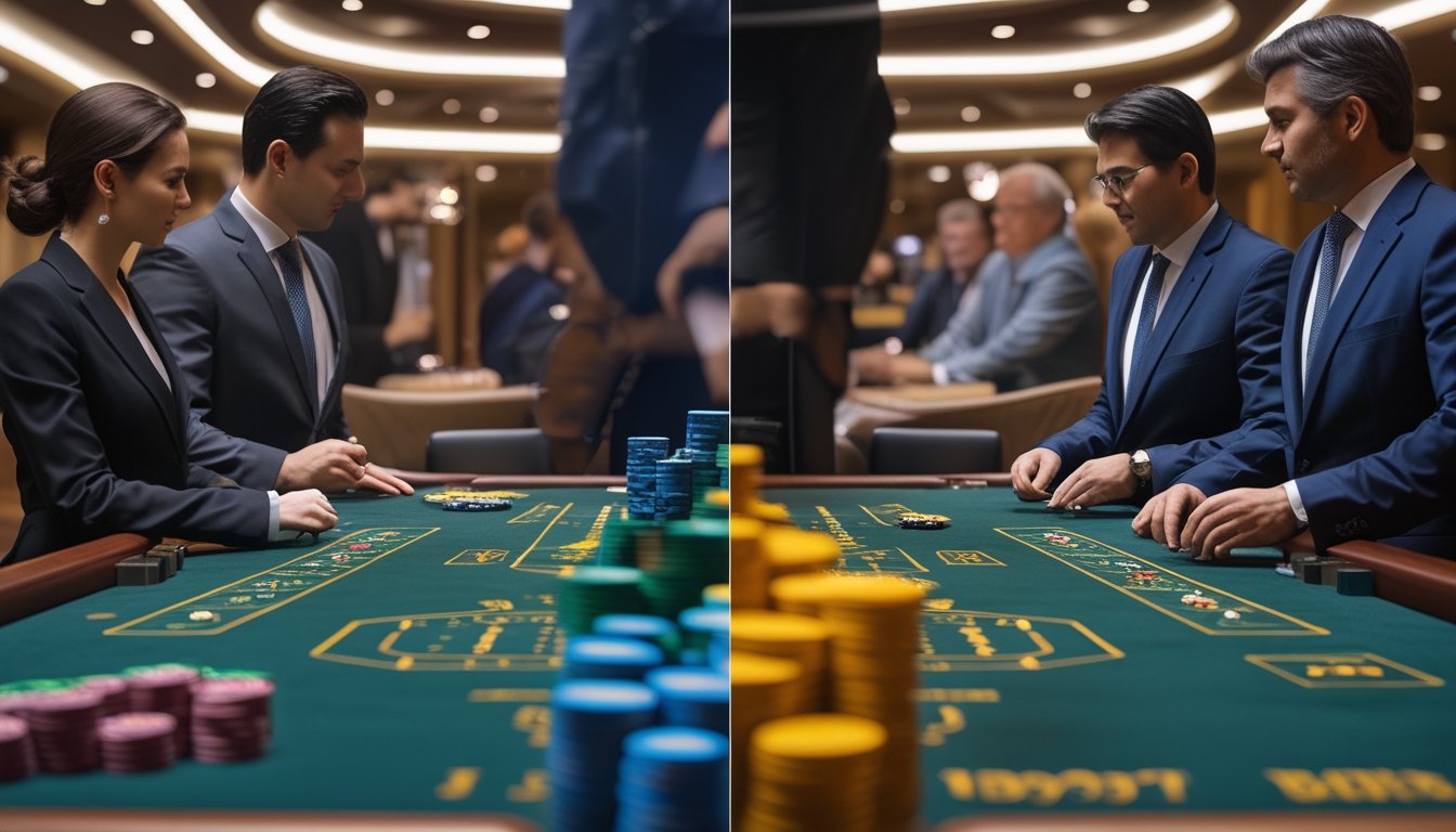 Dua meja baccarat, satu tanpa komisi dan satu meja biasa, dengan pemain serta dealer di kasino.
