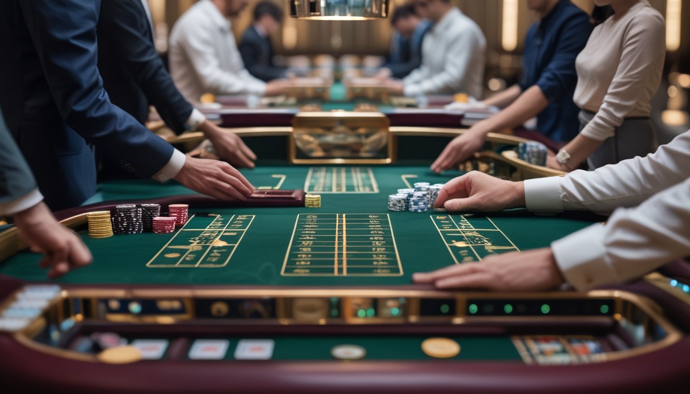 Meja baccarat elegan dengan kartu, chip kasino, dan dealer di ruang kasino mewah.