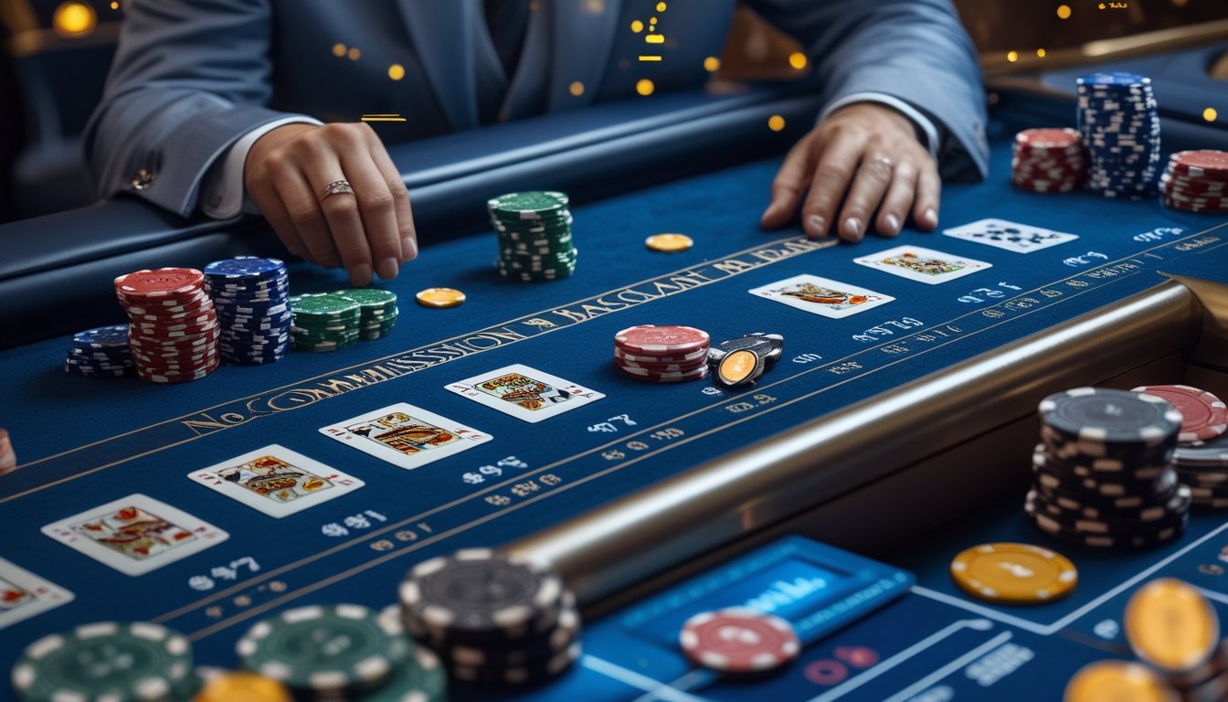 Meja baccarat elegan dengan kartu, keping kasino, dan tangan bandar di lingkungan kasino modern.