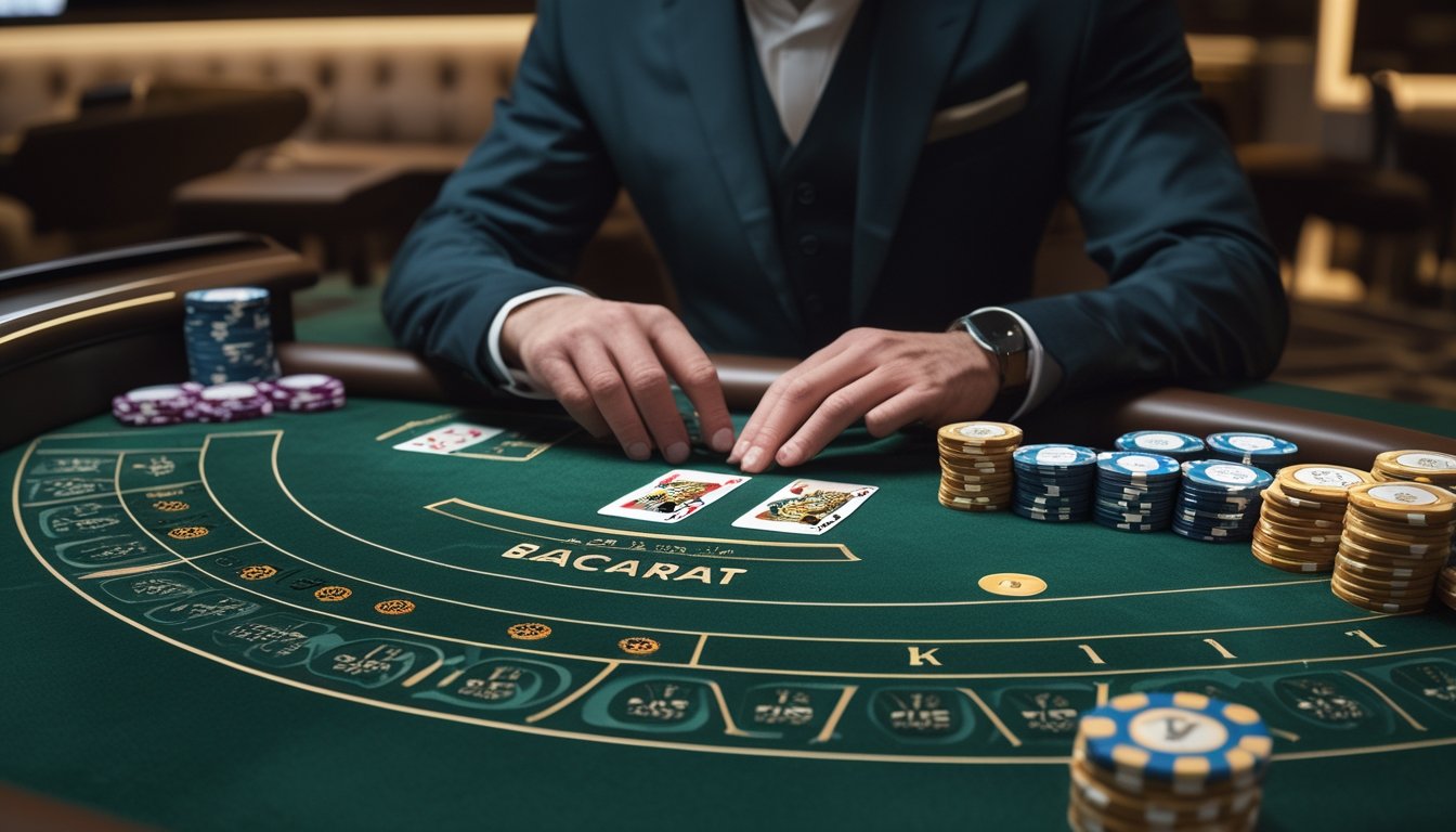 Pemain baccarat menata chip hanya di area taruhan utama sementara area taruhan sampingan dibiarkan kosong.