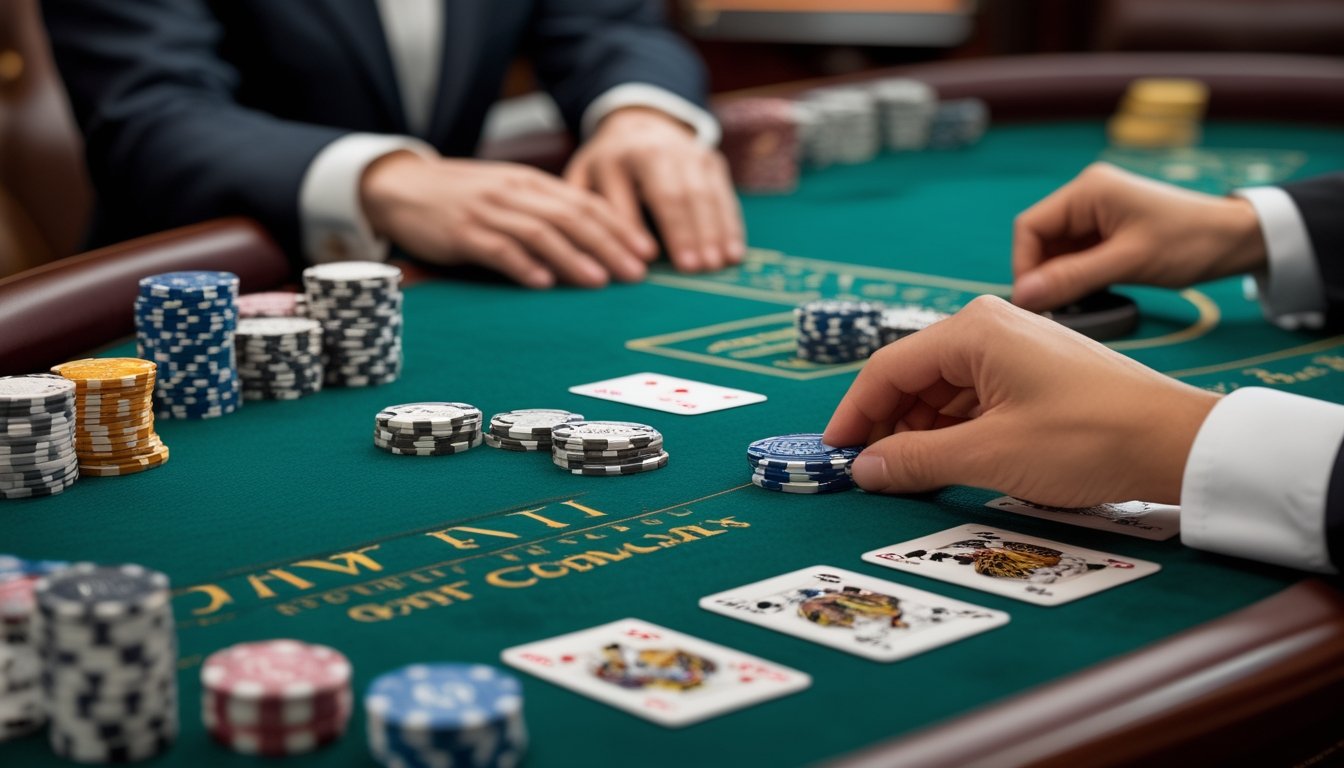 Tangan pemain menempatkan taruhan kecil berupa beberapa keping chip di meja baccarat dengan kartu dan dealer di latar belakang.