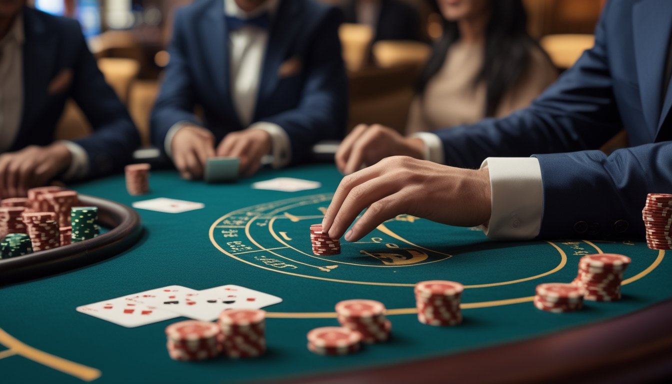 Meja baccarat dengan kartu, tumpukan chip kecil, dan dealer yang sedang mengatur permainan.