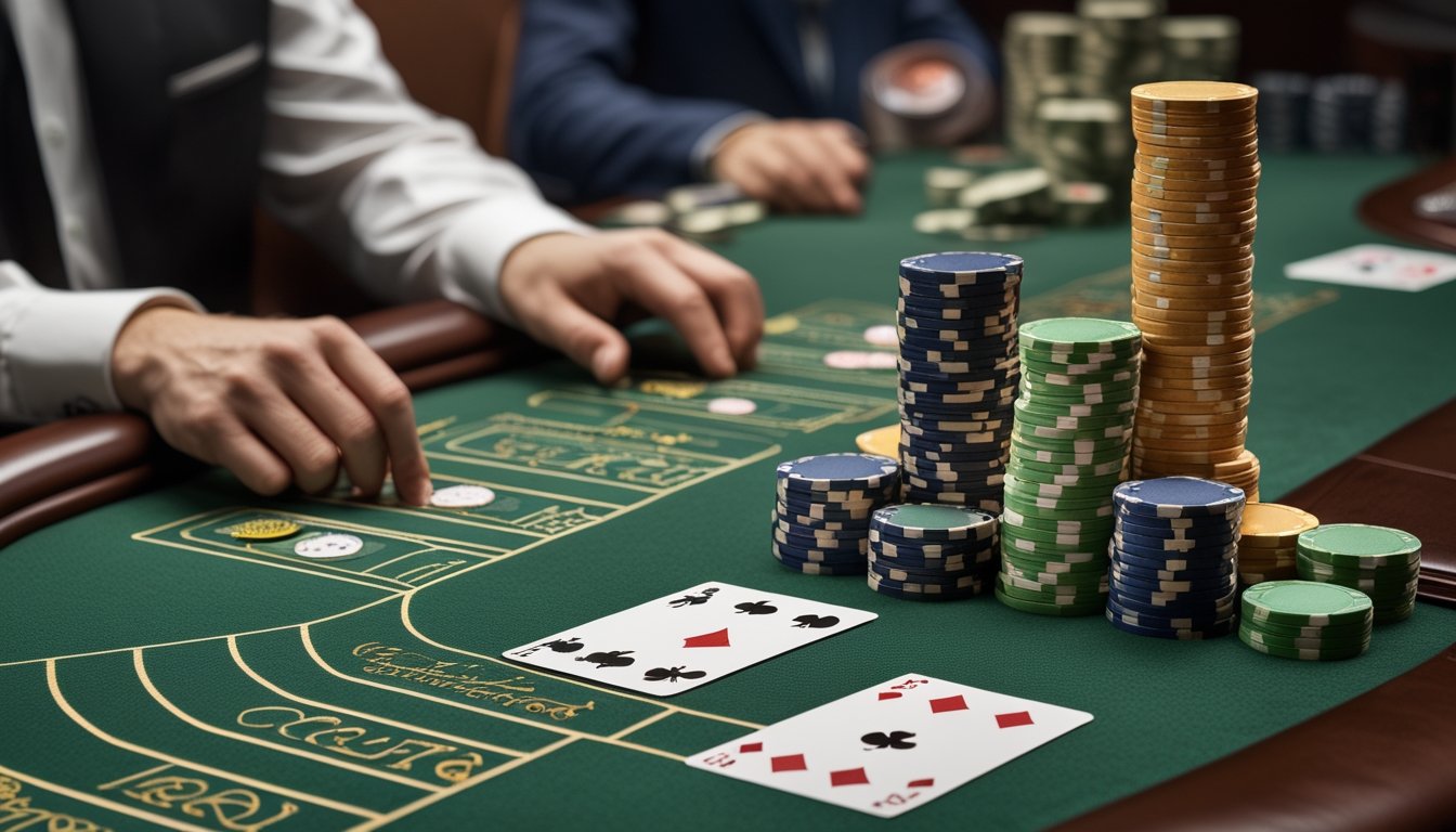 Pemain mengamati meja baccarat dengan kartu dan tumpukan chip yang tersusun bertahap.