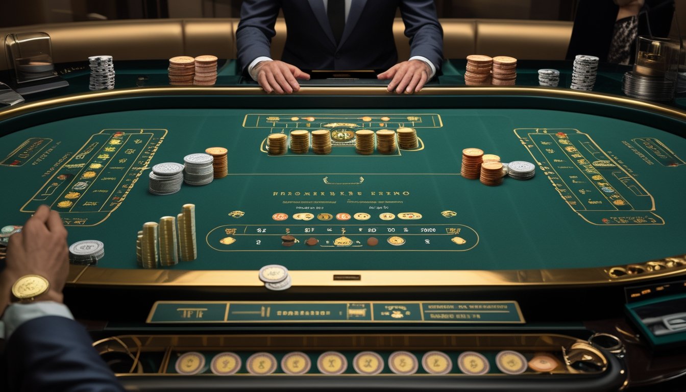 Meja baccarat tanpa komisi dengan kartu, keping taruhan, dealer, dan pemain yang sedang mengamati permainan.