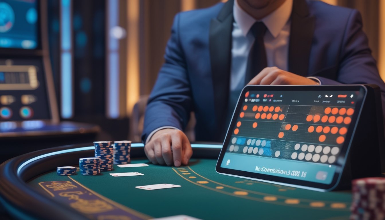 Dealer baccarat mengamati papan skor berpola di meja permainan dengan kartu dan keping kasino.