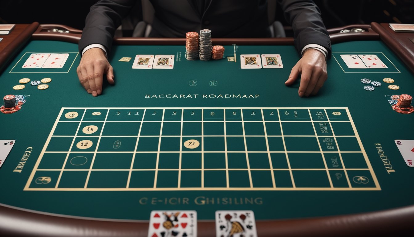 Meja baccarat dengan papan skor kosong, kartu, dan keping kasino dalam suasana kasino modern.