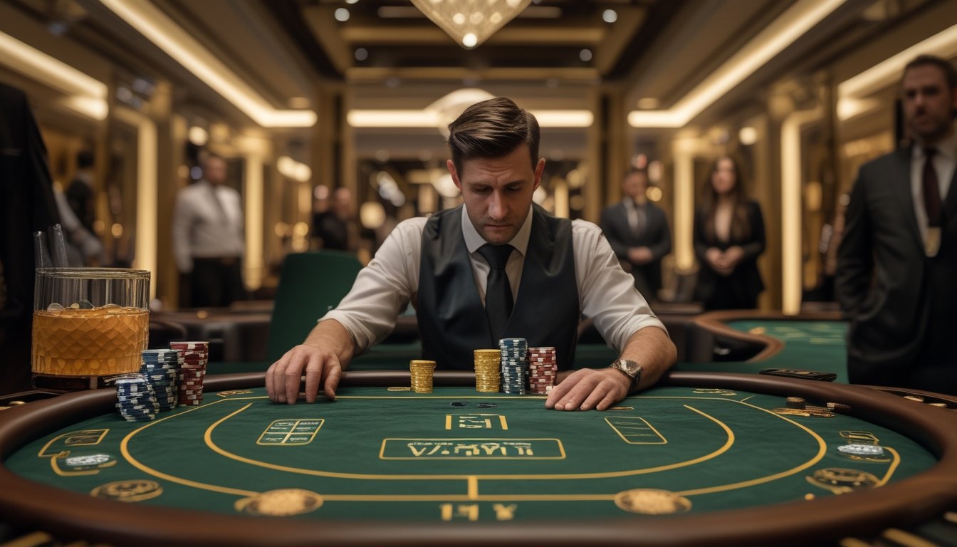 Pemain terlihat ragu menempatkan chip di meja baccarat sementara dealer mengawasi.