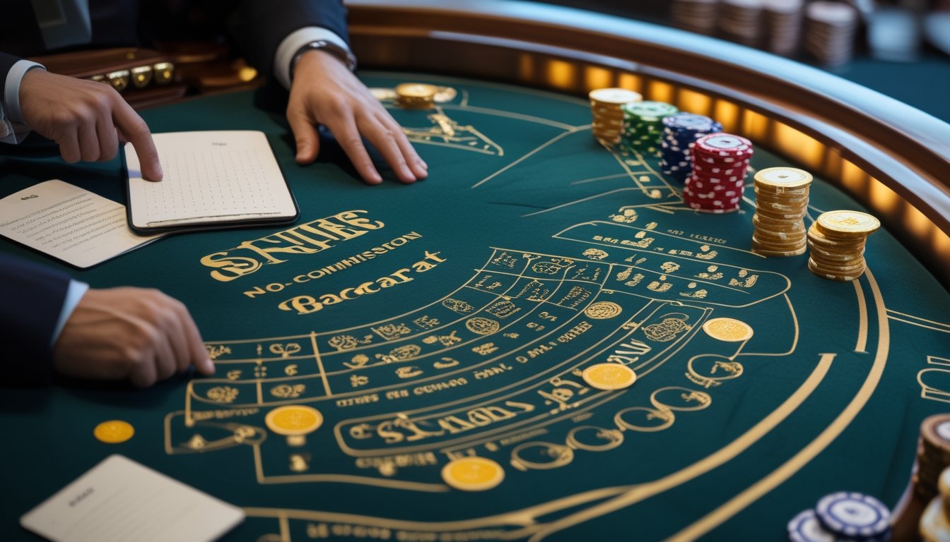 Pemain baccarat memeriksa kartu dan susunan chip di meja kasino dengan sikap berhati-hati.