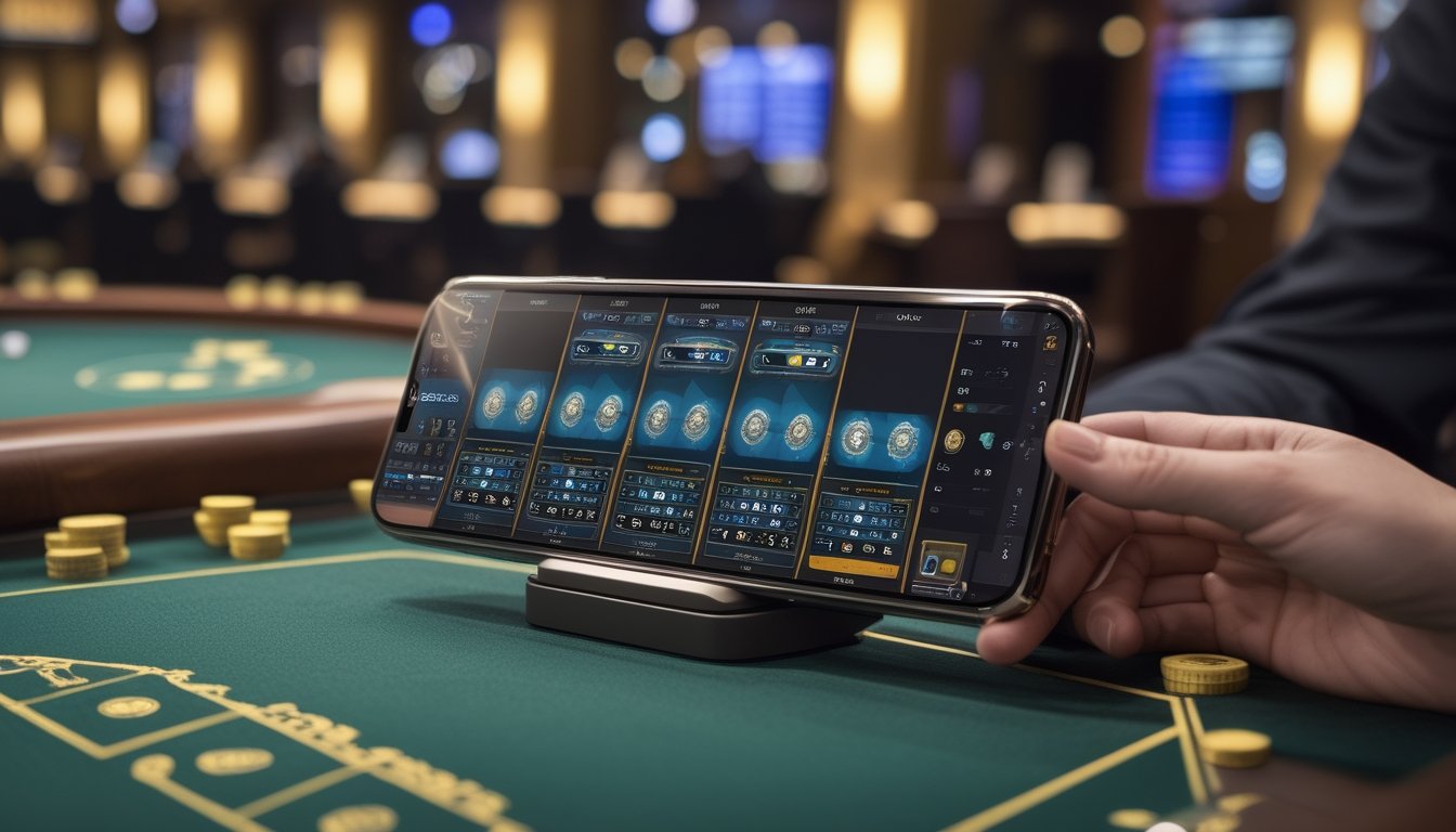 Seseorang melihat beberapa meja baccarat secara bersamaan melalui ponsel di lingkungan kasino.