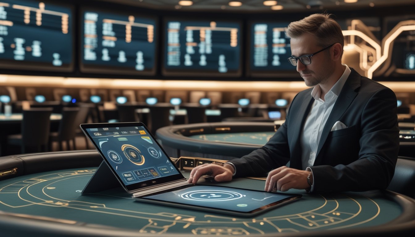 Seorang profesional mengamati beberapa meja baccarat digital melalui laptop dan antarmuka tablet dalam ruang teknologi modern.