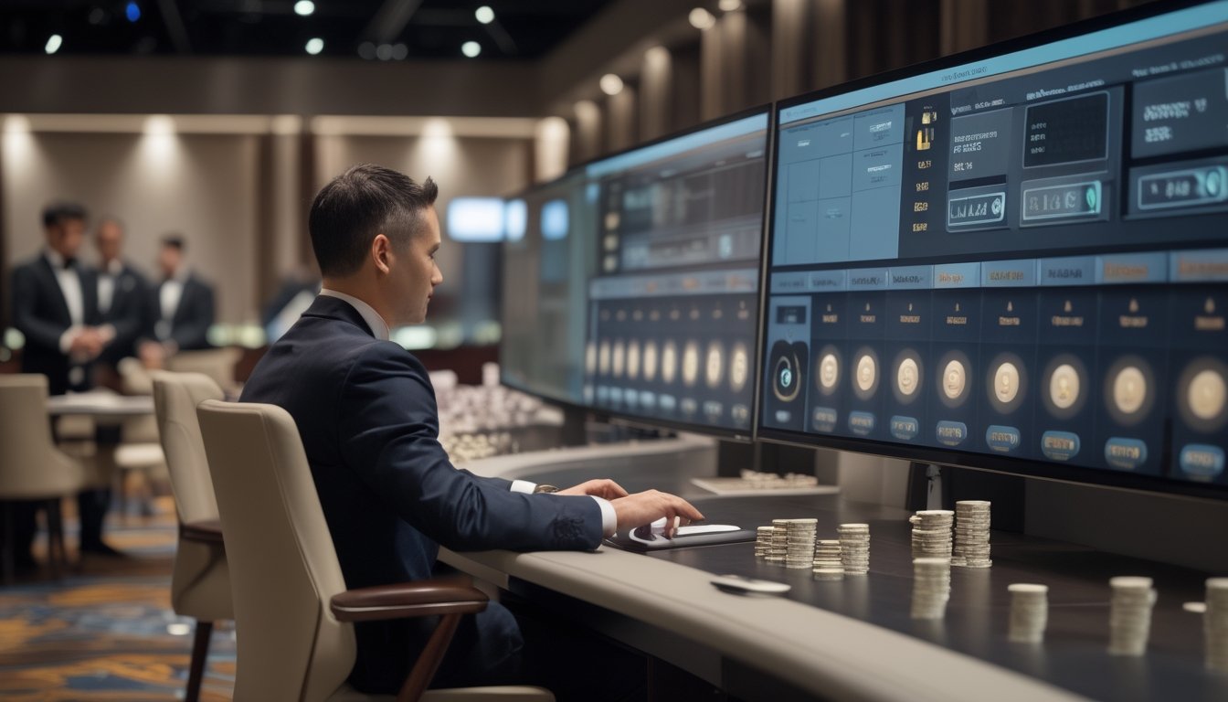 Pemain mengamati beberapa meja baccarat melalui monitor dengan indikator otomatis.