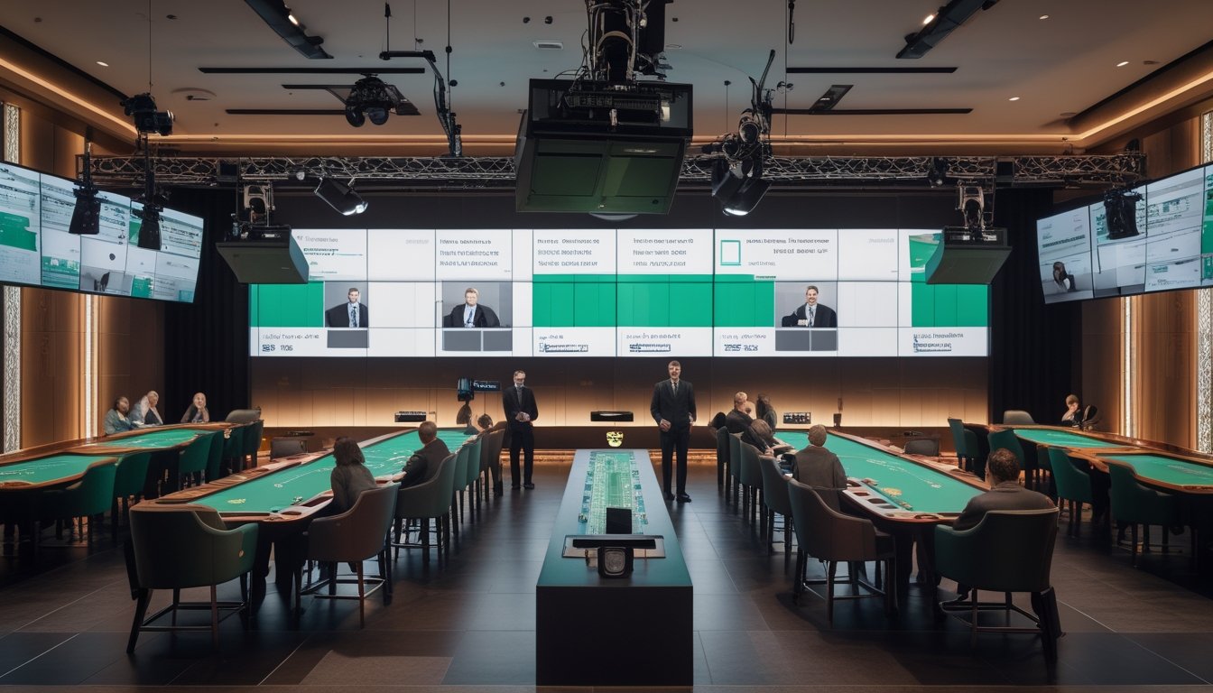 Studio kasino modern dengan beberapa meja baccarat, dealer, kamera siaran, dan layar yang menampilkan berbagai meja secara bersamaan.