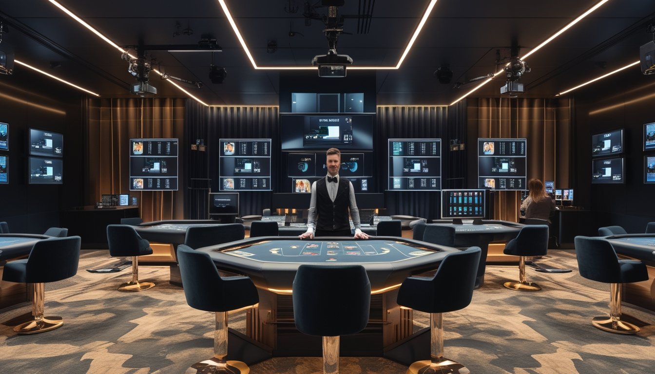 Studio kasino modern dengan beberapa meja baccarat, kamera siaran, layar pemantauan, dan teknisi yang mengoperasikan peralatan streaming.