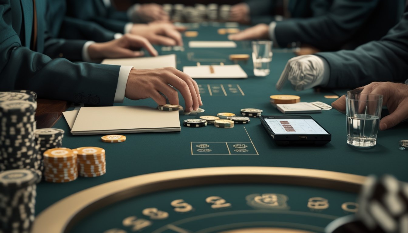 Tangan seseorang menata tumpukan chip di samping kalkulator dan buku catatan pada lingkungan kasino dengan beberapa meja baccarat.