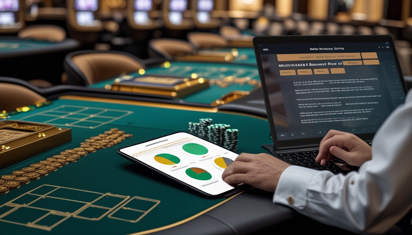 Seorang pemain mengatur tumpukan chip dan rencana modal di samping beberapa meja baccarat.