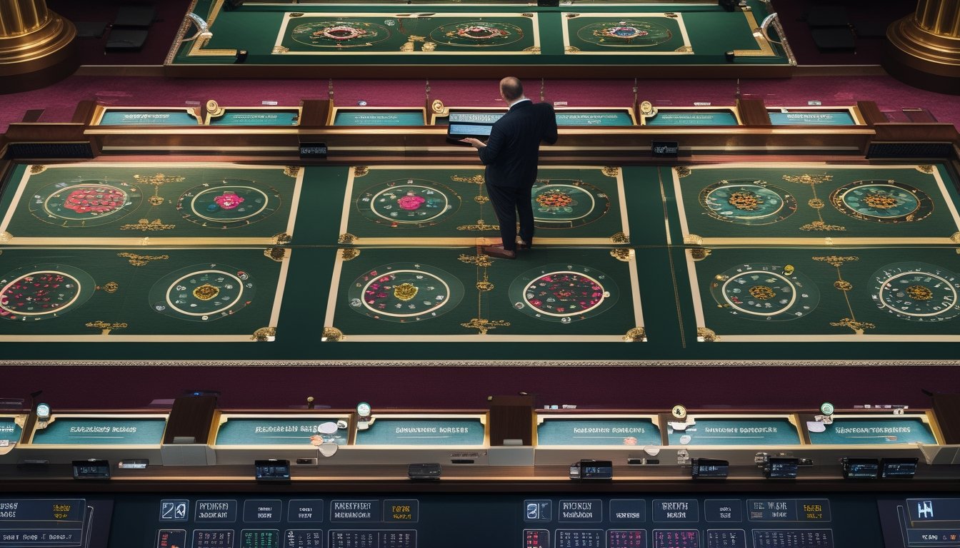 Seorang analis mengamati pola permainan pada beberapa meja baccarat di ruang kasino.