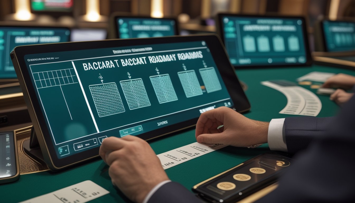 Analis mengamati beberapa meja baccarat dan membandingkan pola pada layar dalam ruang kerja kasino yang tertata.