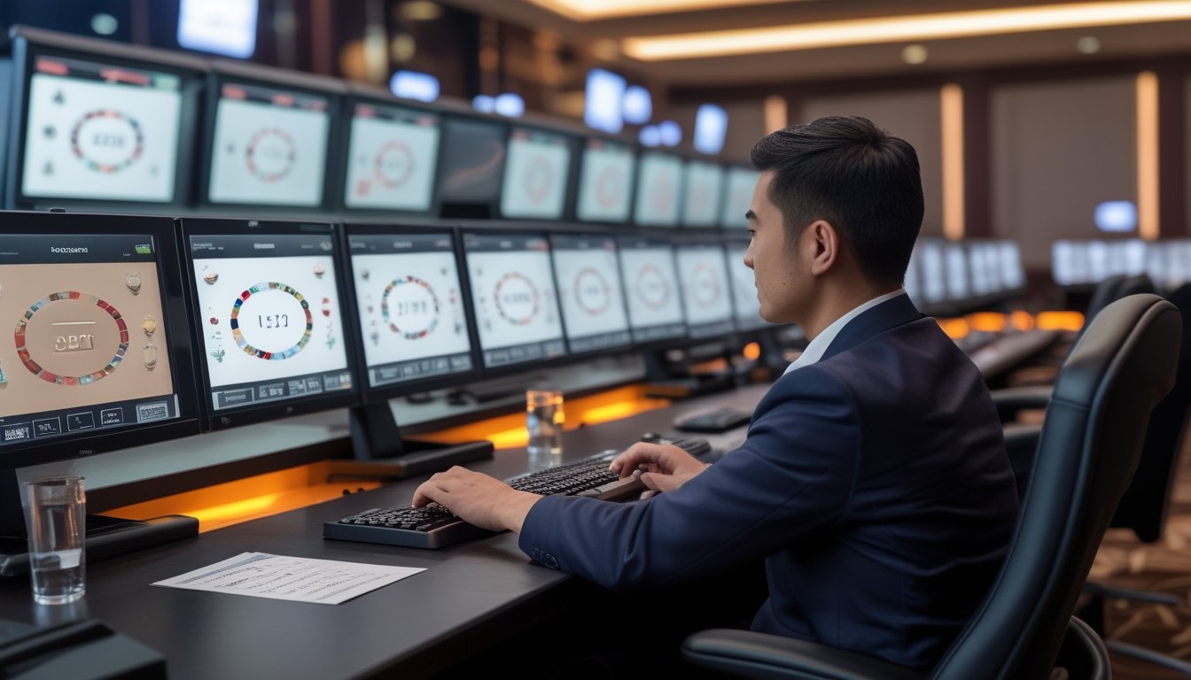Pemain fokus mengelola beberapa meja baccarat melalui workstation dengan timer visual dan perlengkapan yang tertata rapi.
