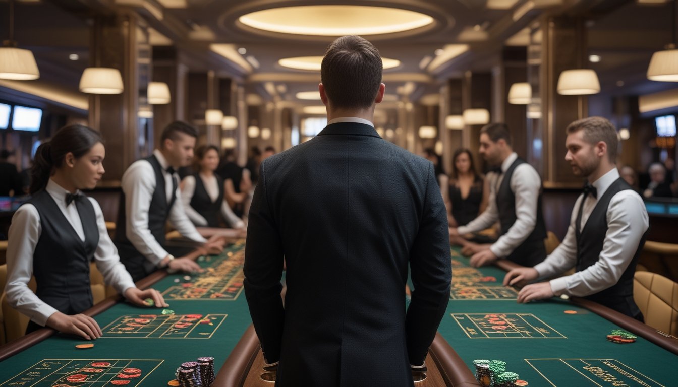 Pemain dewasa membandingkan permainan baccarat di beberapa meja dengan satu meja dalam suasana kasino.