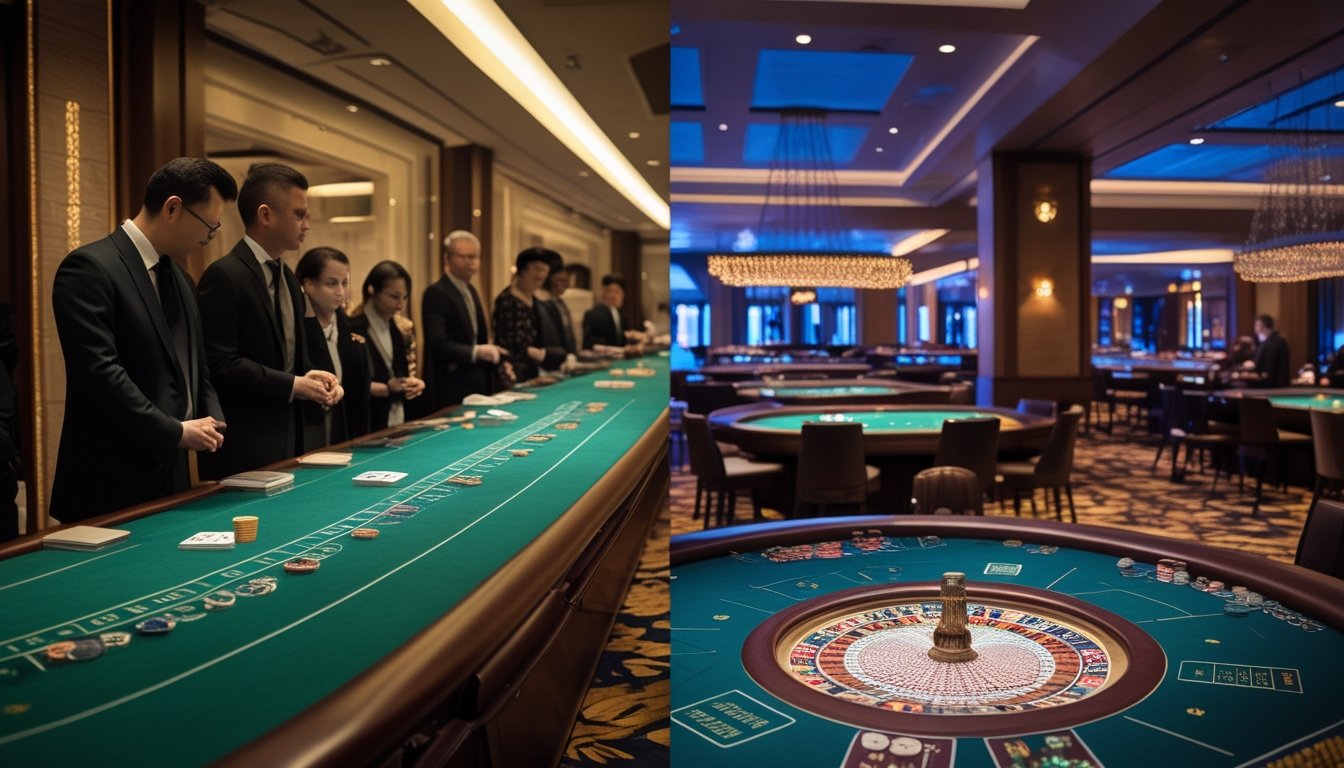 Suasana kasino yang memperlihatkan satu meja baccarat yang tenang di samping beberapa meja baccarat dengan permainan yang lebih ramai.