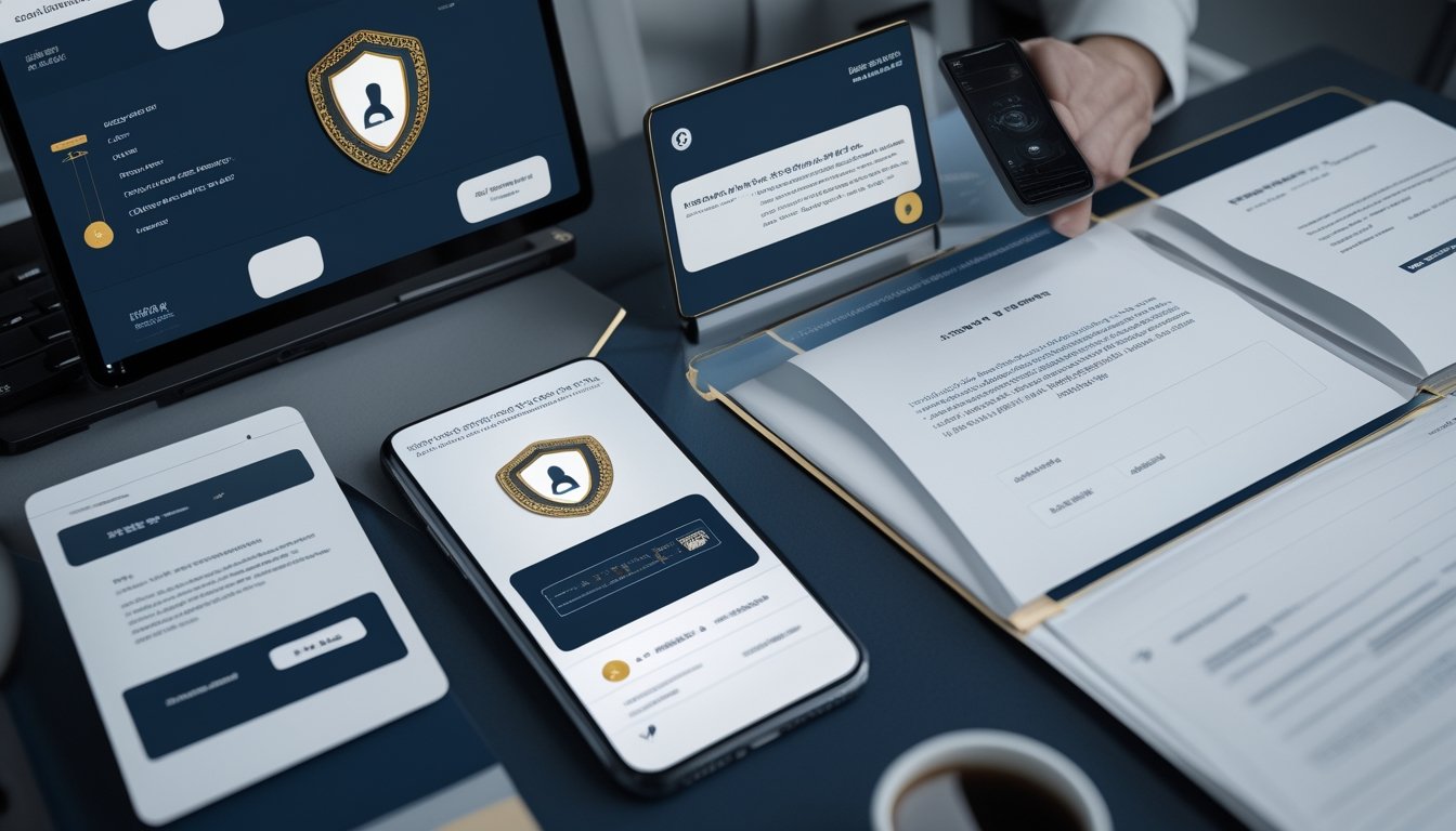 Profesional memeriksa platform digital aman dengan ikon perisai, gembok, dan dokumen legal di ruang kerja modern.