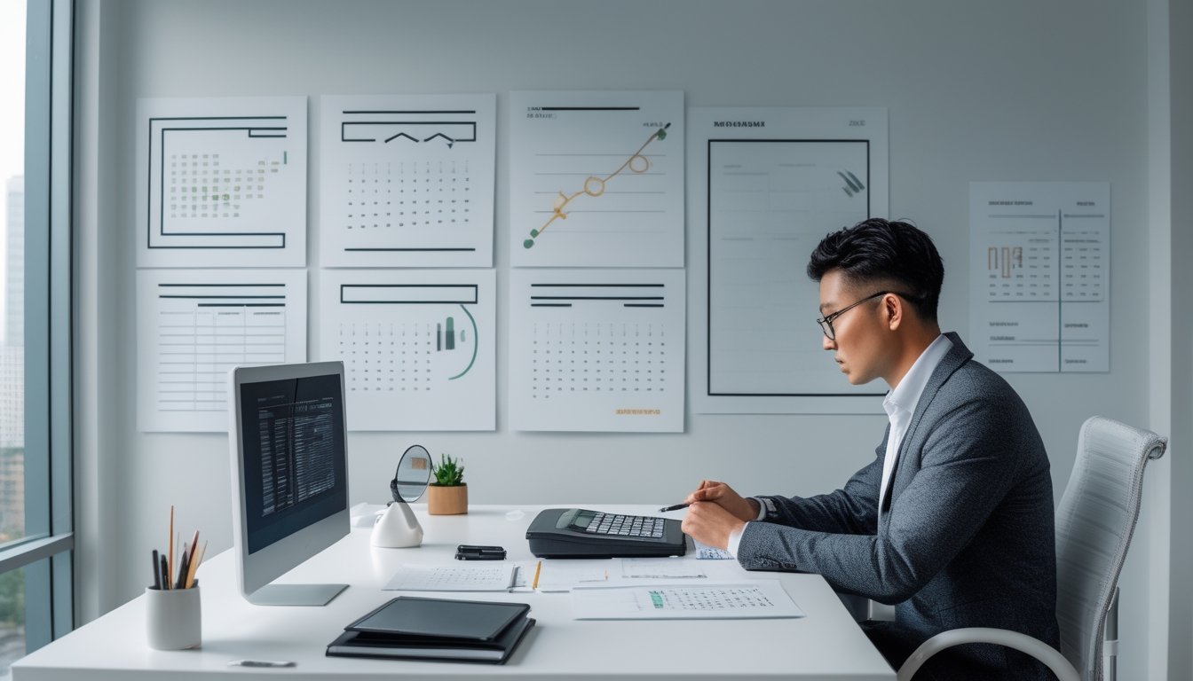 Seorang analis mempelajari grafik dan data abstrak di meja kerja modern.