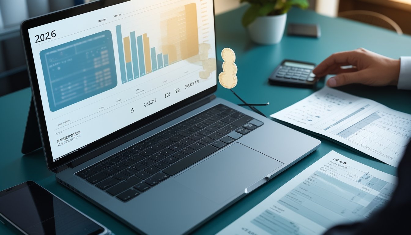 Meja kerja modern dengan laptop, kalkulator, dan lembar data yang menampilkan analisis statistik abstrak.